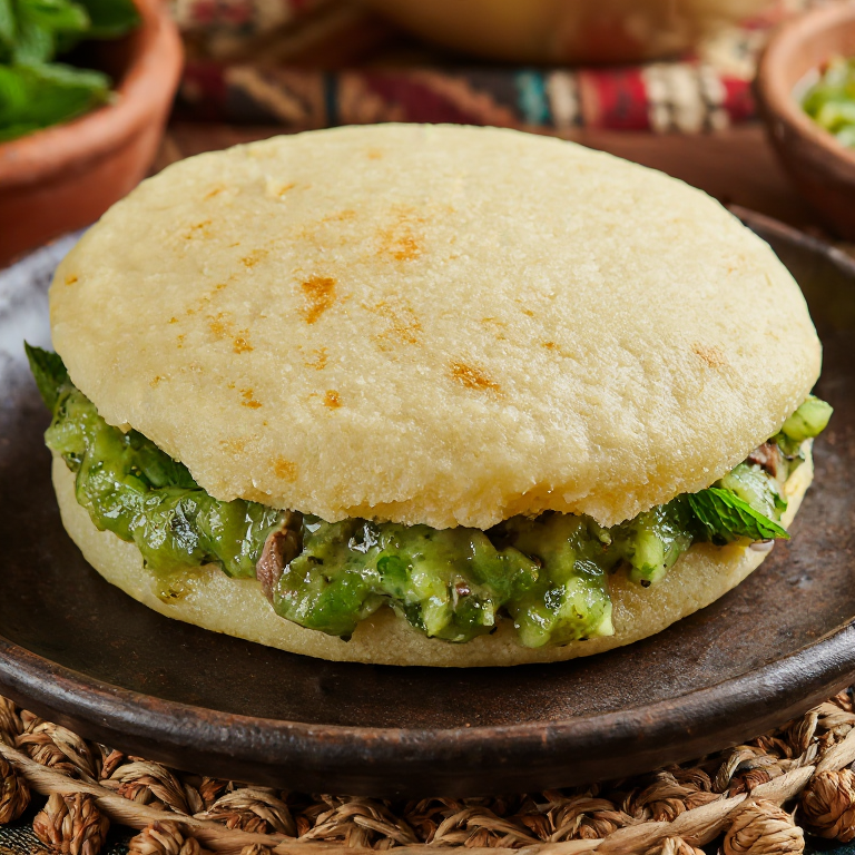 Arepa Pavlova: Arepa de Maíz con Relleno de Cordero Asado y Salsa de Kiwi y Menta