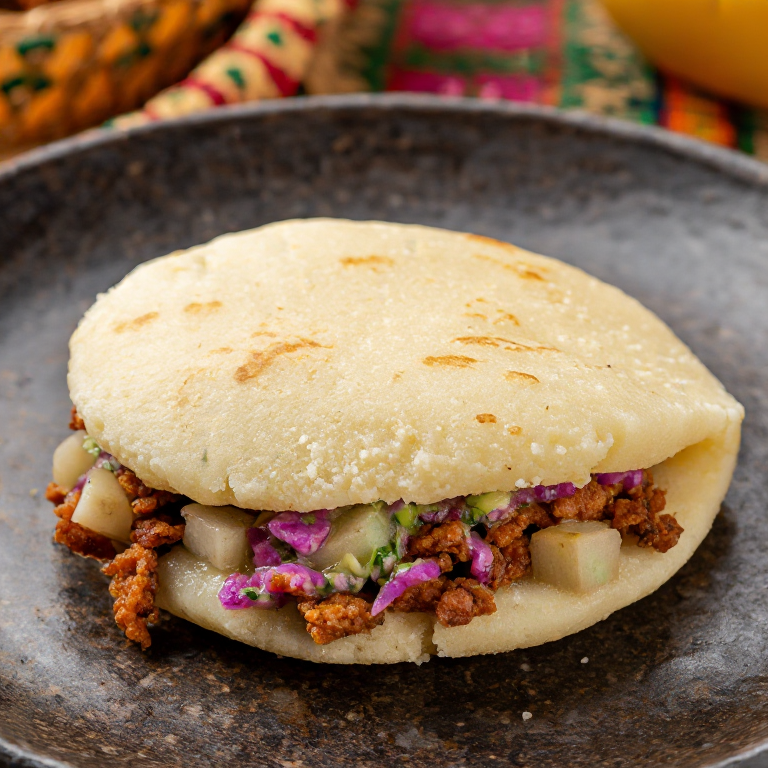 Arepa al Estilo Vigorón (Arepa Rellena de Chicharrón, Yuca y Curtido)