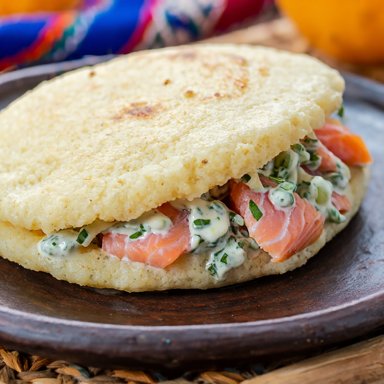 Arepa de Salmón Noruego con Eneldo y Crema Agria
