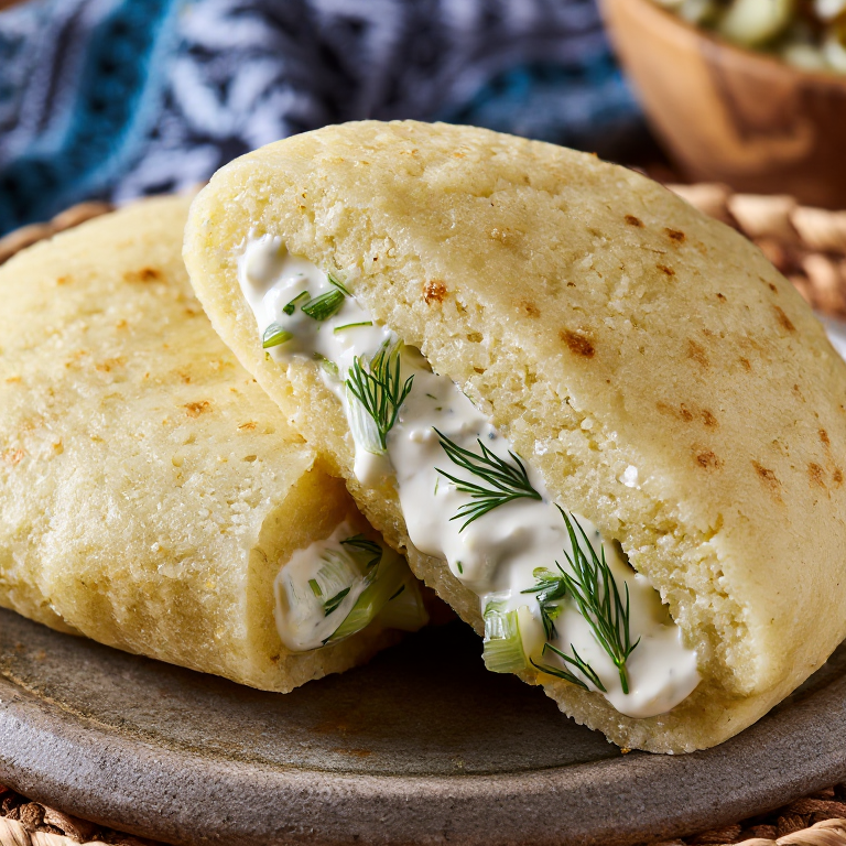Arepa Noruega de Salmón y Puerro con Crema de Eneldo