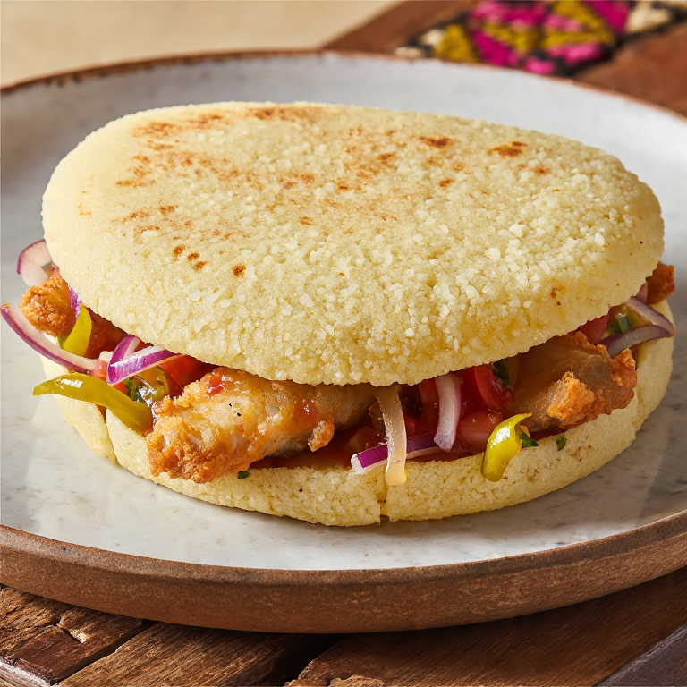 Arepa Rellena de Pescado Frito con Salsa Criolla (Barranca)