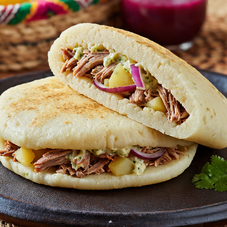Arepa de Cuy Chactado: Relleno de Cuy Crujiente con Rocoto Crema y Papas