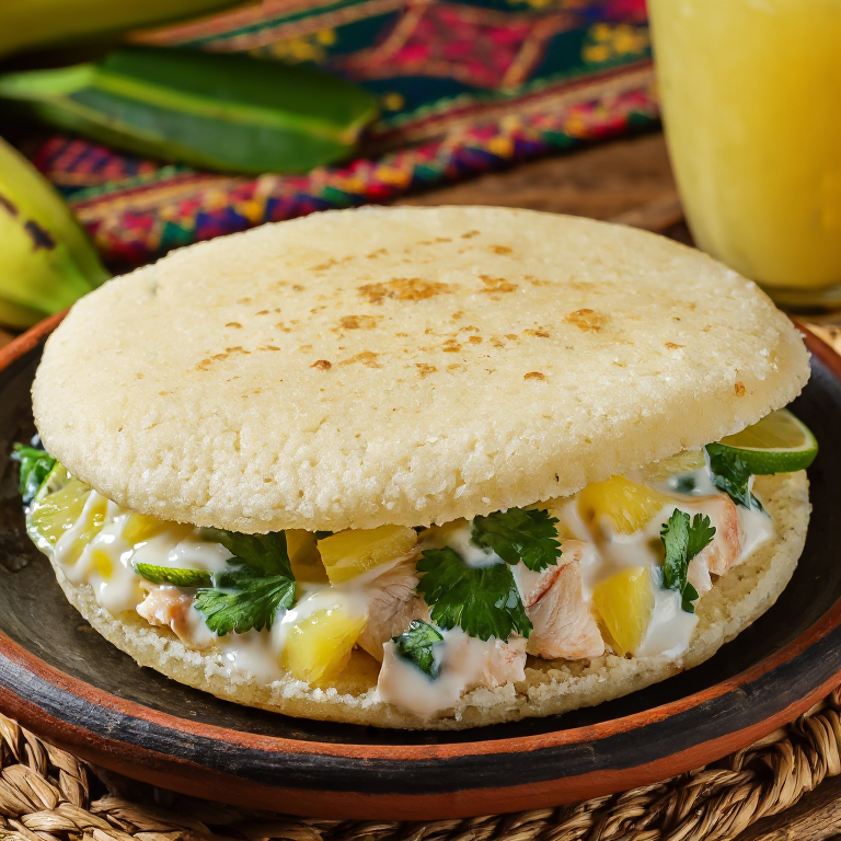 Arepa Rellena de Pescado al Coco y Salsa de Piña