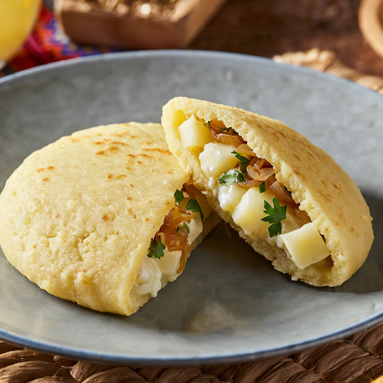 Arepa de Pierogi Polaca: Rellena de Papa, Queso y Cebolla Caramelizada
