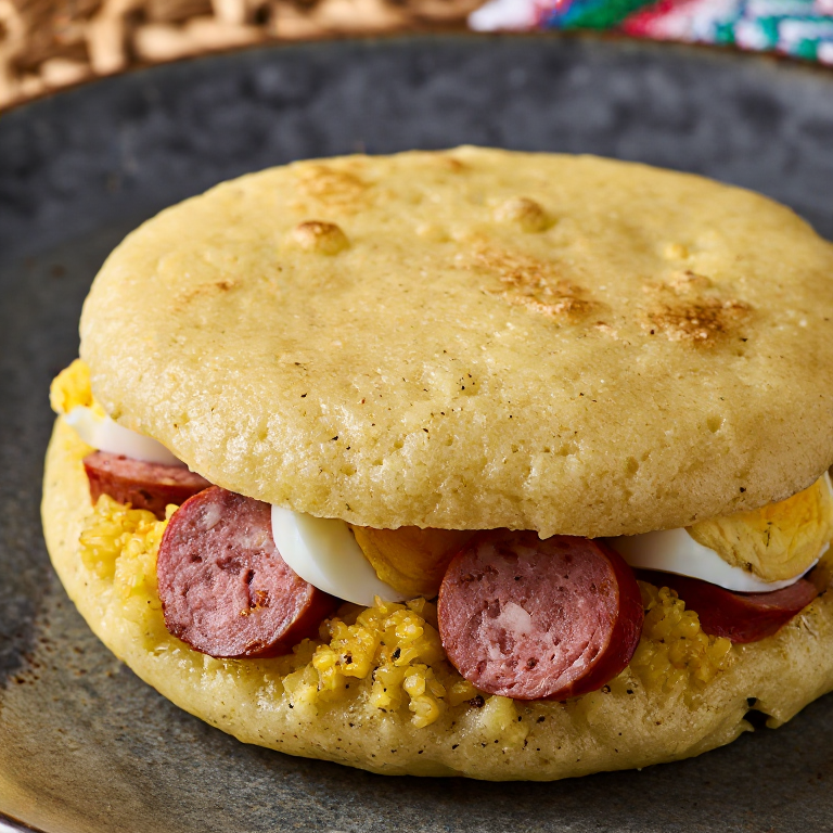 Arepa de Żurek: Sour Rye Arepa con Kielbasa y Huevo