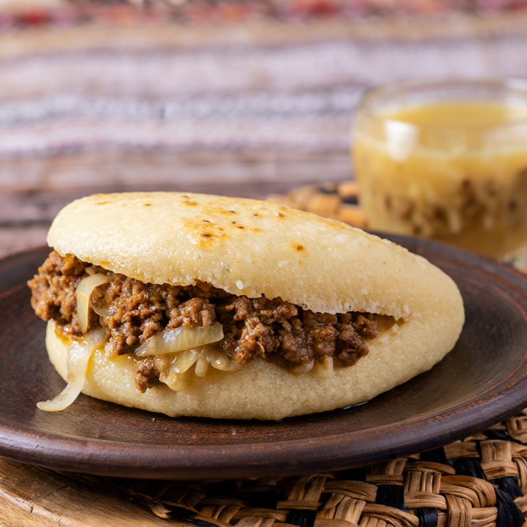 Arepa Caguas: Pernil con Mojo y Cebolla Encurtida