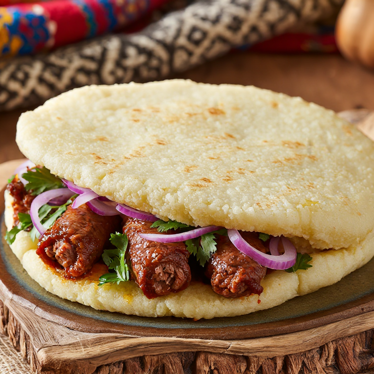 Arepa rellena de mici (carne especiada) estilo Brașov
