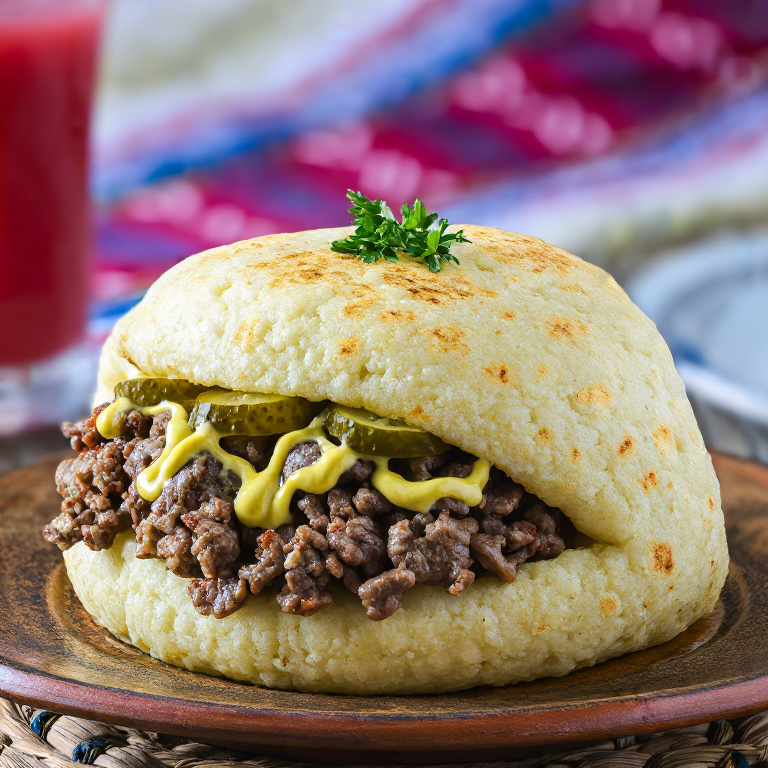 Arepa Rellena de Mici Rumanos y Verduras en Escabeche