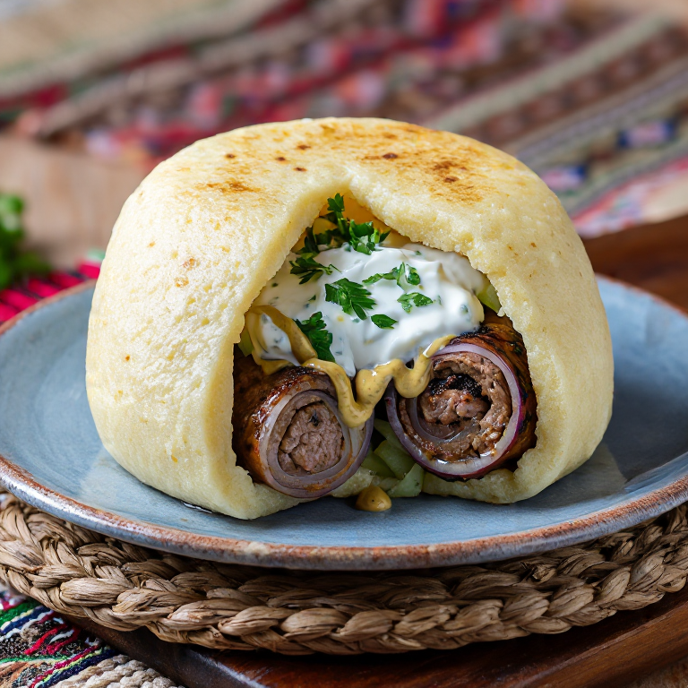 Arepa rellena de mici (carne a la parrilla rumana)