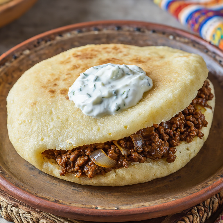 Arepa Kazán: Peremech de carne especiada con salsa de yogur