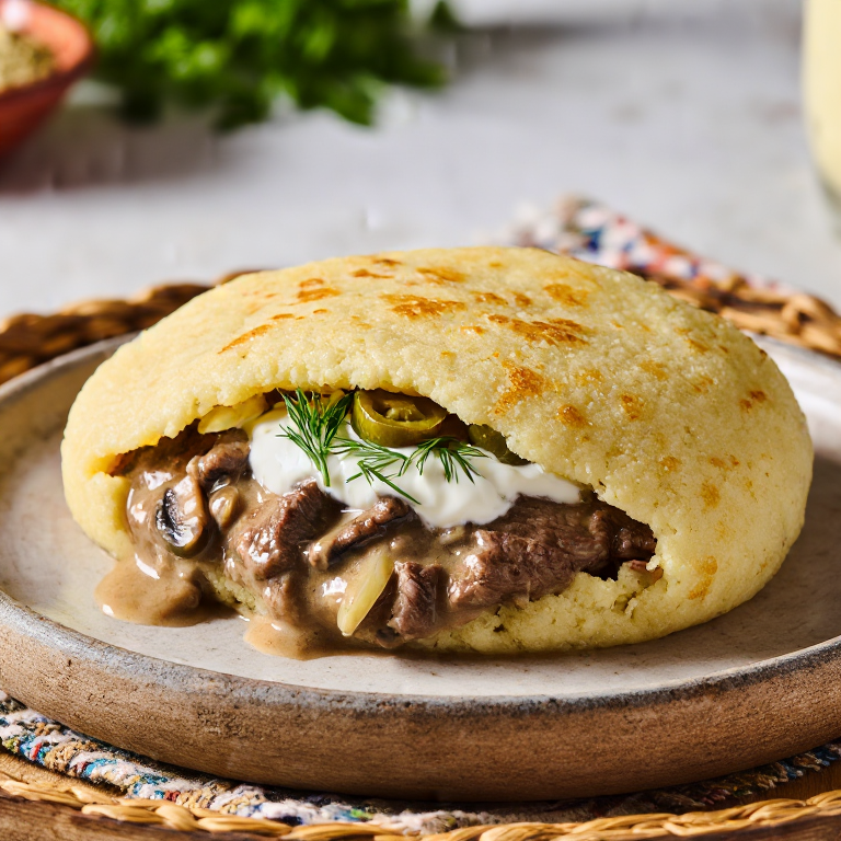 Arepa Rellena de Stroganoff Ruso