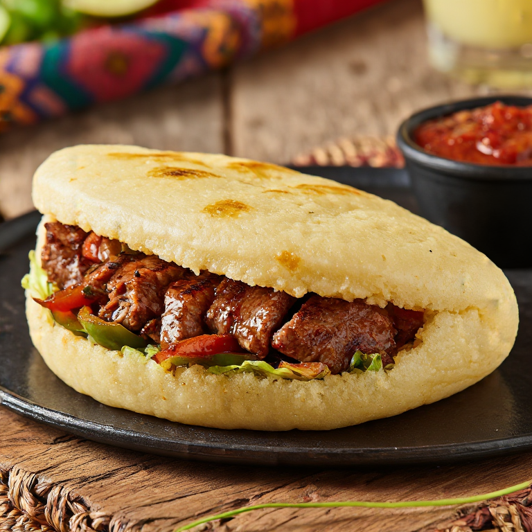 Arepa rellena de brochetas ruandesas (Rwandan Brochettes Arepa)