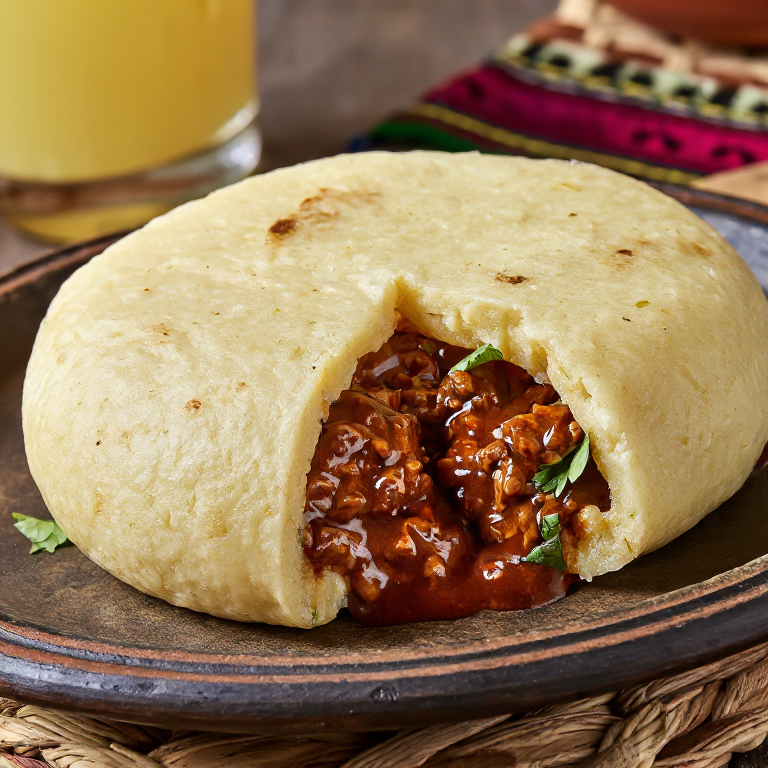 Arepa rellena de goat water (estofado de chivo de San Cristóbal y Nieves)