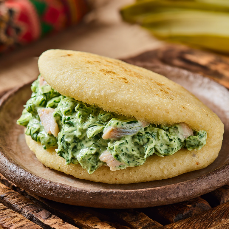 Arepa de Palusami (Arepa rellena de hojas de taro y crema de coco al estilo samoano)