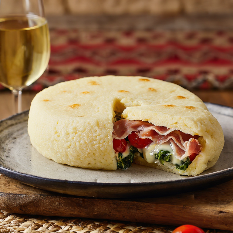 Arepa alla Sanmarinese (prosciutto, squacquerone y rúcula)