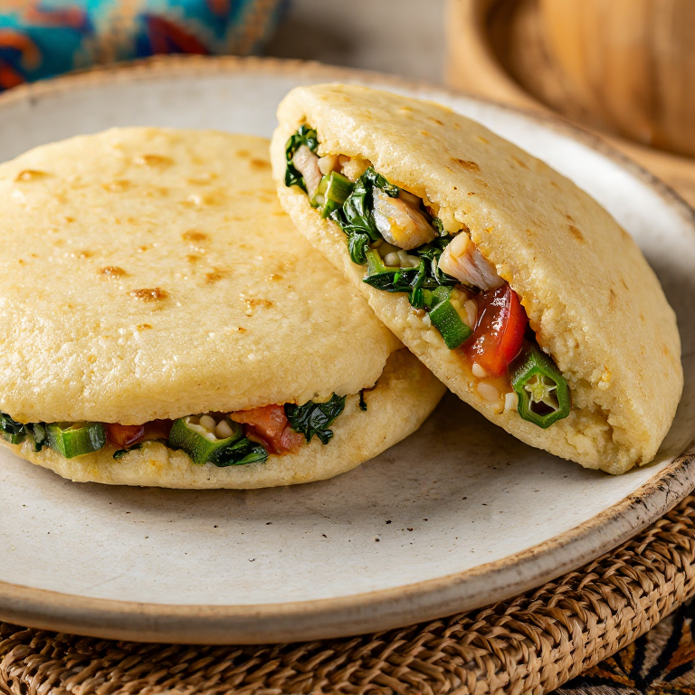 Arepa de Calulu (Arepa rellena de calulu de pescado y okra)