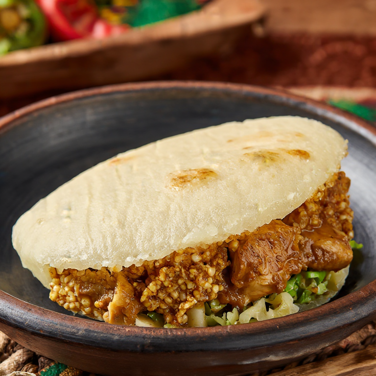 Arepa de Mafé: Arepa de Harina de Maíz y Maní con Pollo Estofado