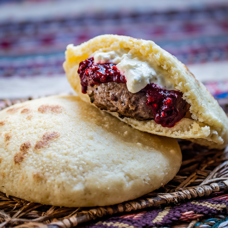 Arepa Serbia de Pljeskavica con Ajvar y Kajmak