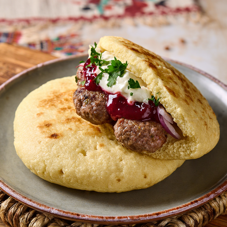 Arepa serbia de ćevapi con ajvar y kajmak