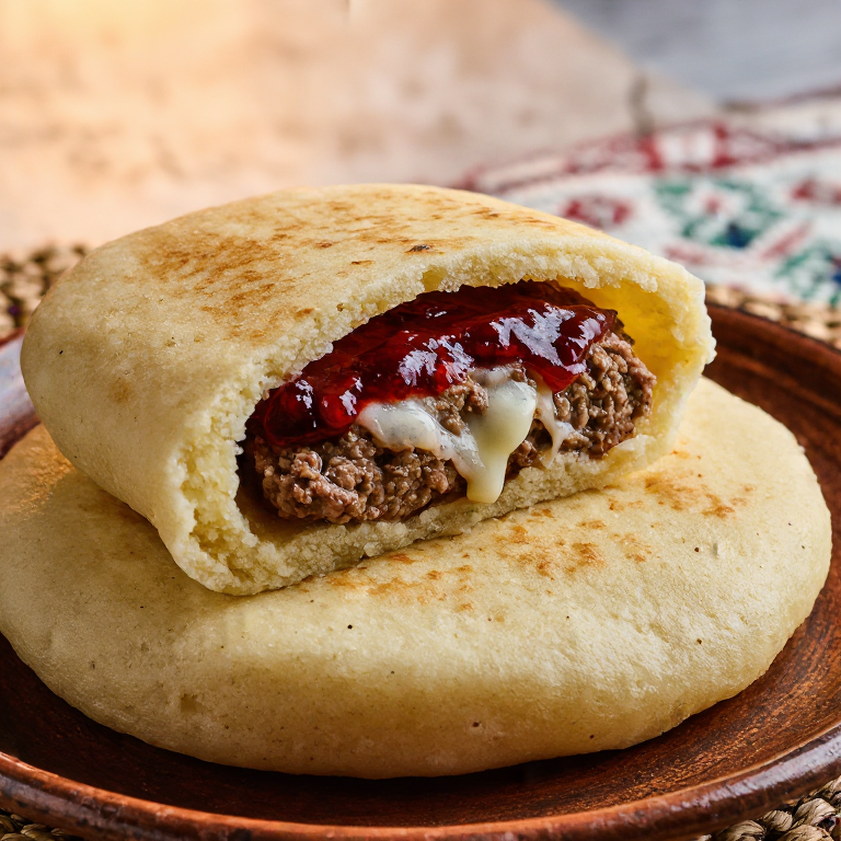 Arepa Zemun: Arepa rellena de Pljeskavica con Ajvar