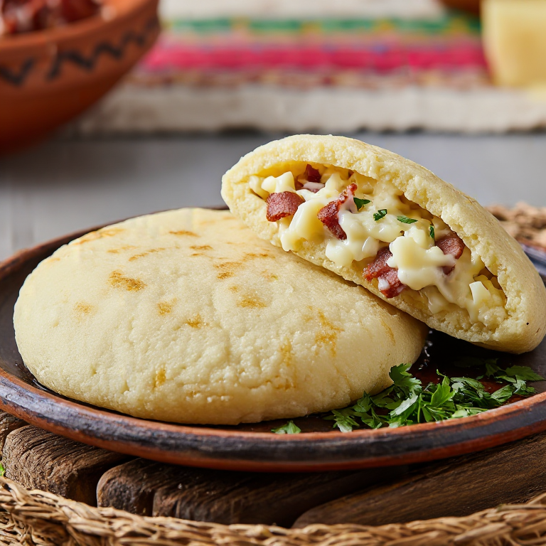 Arepa Estilo Bratislava con Bryndza, Papa y Tocino