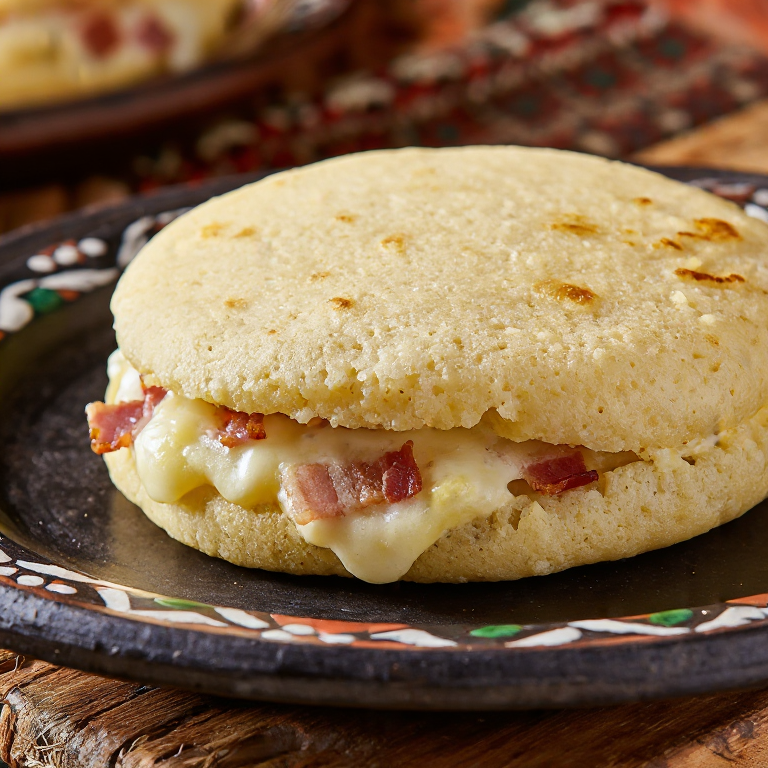 Arepa de Bryndzové Halušky (queso de oveja y bacon)