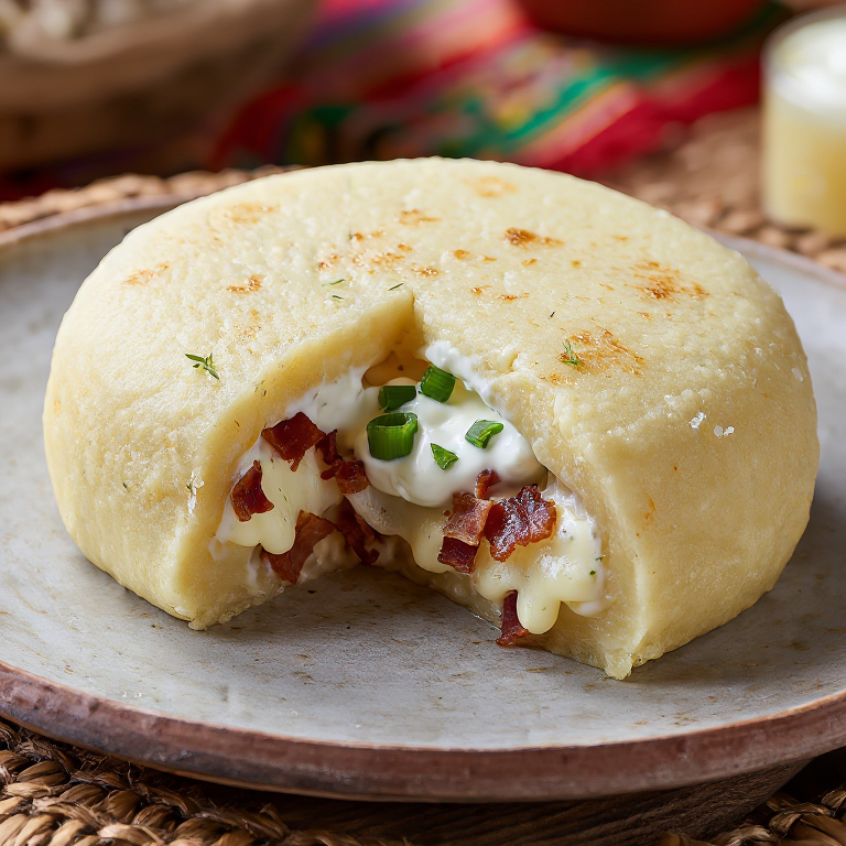 Arepa rellena de bryndza y bacon (estilo halušky)