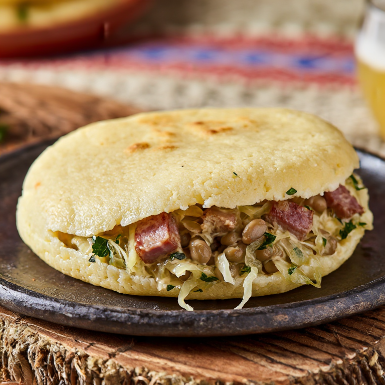 Arepa de Jota (Arepa rellena de estofado esloveno de col agria y judías)