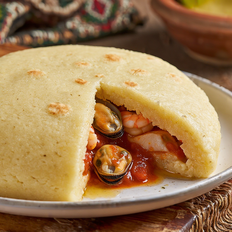 Arepa Rellena de Brodet de Izola (Mariscos Eslovenos)