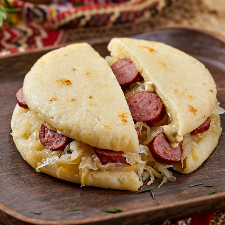 Arepa eslovena de salchicha Carniola con chucrut (Kranjska Klobasa)