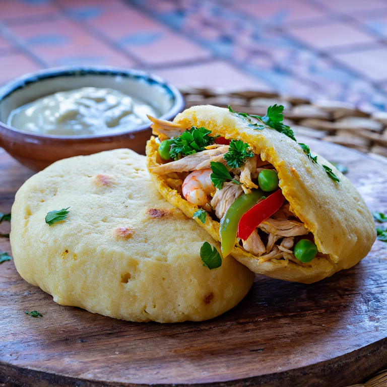 Arepa Alicantina (Arroz a la Alicantina-inspired stuffed arepa)