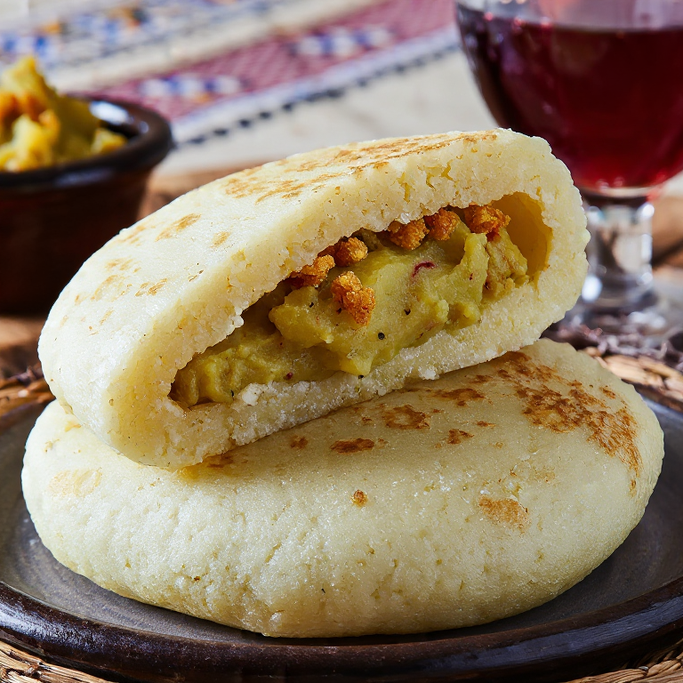 Arepa Revolcona: Arepa de Patatas con Pimentón y Cerdo Crujiente