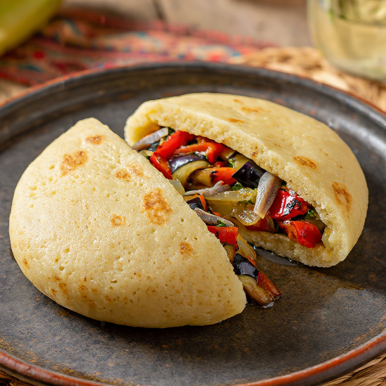 Arepa de Escalivada con Anchoas (Estilo Barcelona)