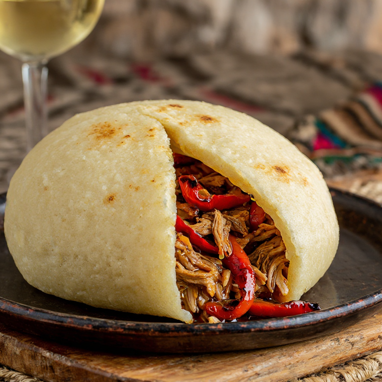 Arepa Esgarraet (Arepa Rellena de Bacalao y Pimientos Asados)