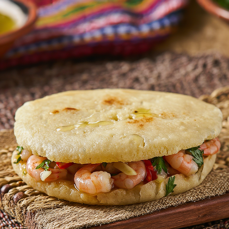 Arepa de Gambas al Ajillo (Estilo Cartaya)