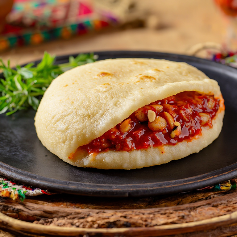 Arepa de Gambas al Ajillo con Romesco