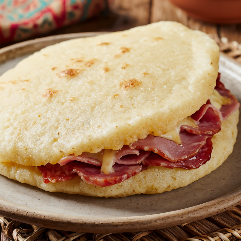 Arepa de Salmorejo con Jamón Serrano y Queso Manchego