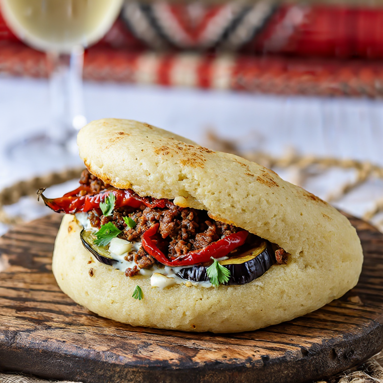 Arepa de Butifarra con Escalivada y Alioli