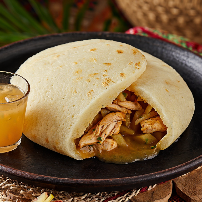 Arepa de Pom: Fusión Surinamesa con Pollo y Yuca