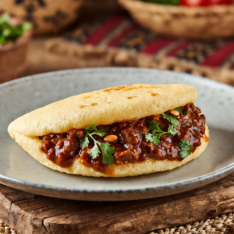 Arepa de Sishwala Rellena de Carne Guisada con Maní