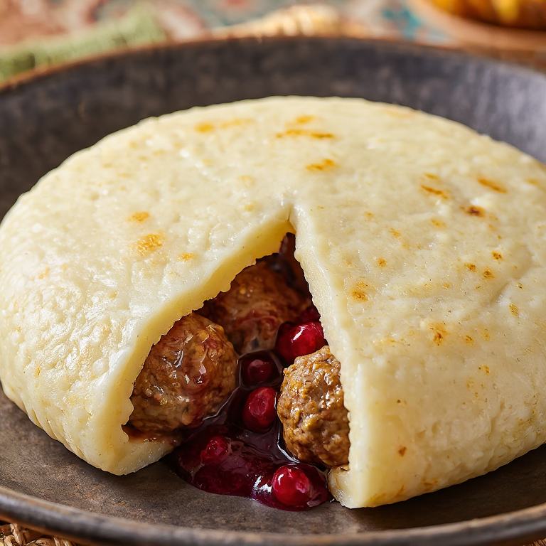 Arepa de Albóndigas Suecas con Salsa de Arándanos Rojos