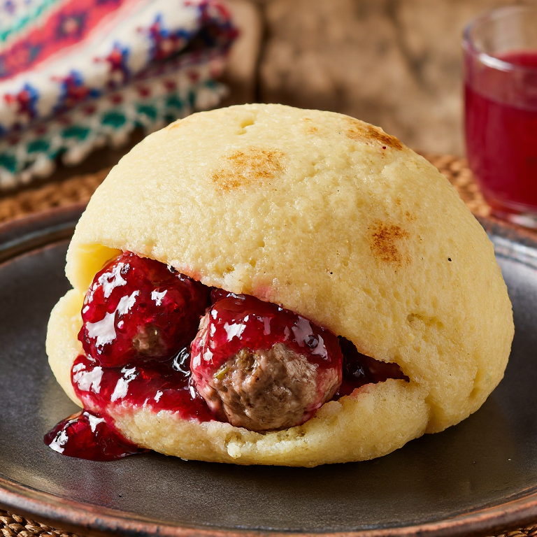 Arepa con Albóndigas Suecas y Salsa de Arándanos Rojos