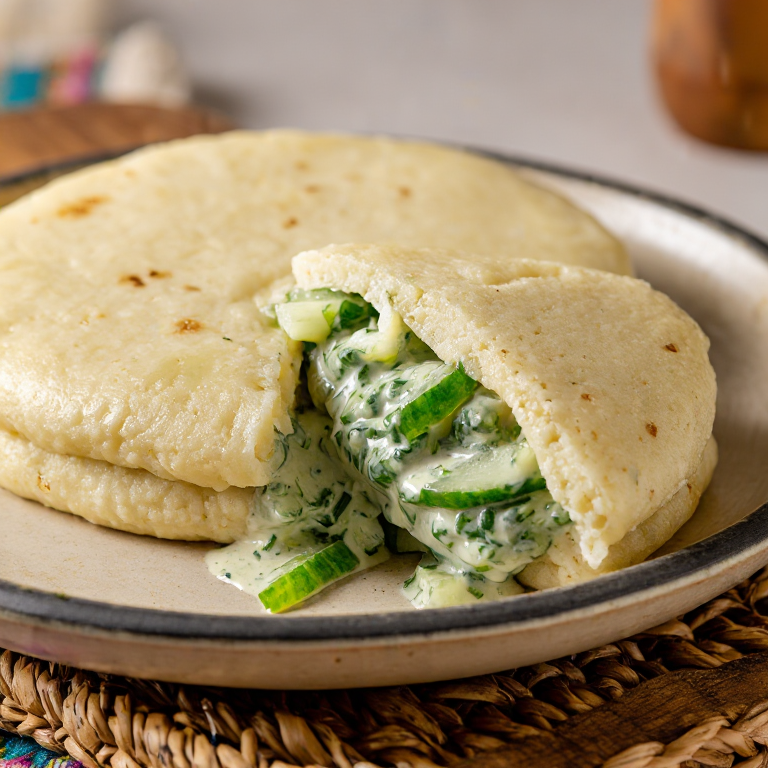 Arepa rellena de trucha del Vättern con eneldo y pepino encurtido