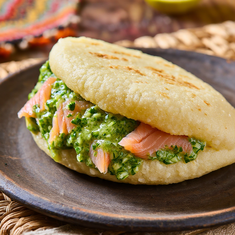 Arepa Rellena de Gravlax (Salmón Curado Sueco) con Salsa de Eneldo y Mostaza