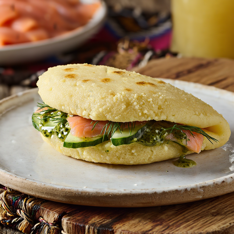 Arepa de Gravlax Sueco con Salsa de Eneldo