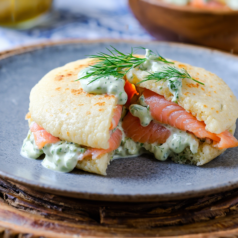 Arepa de Gravlax con Salsa de Eneldo y Mostaza