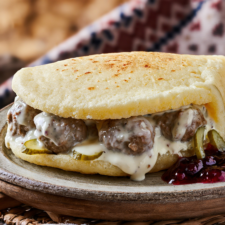 Arepa sueca de albóndigas con salsa de crema y arándanos rojos