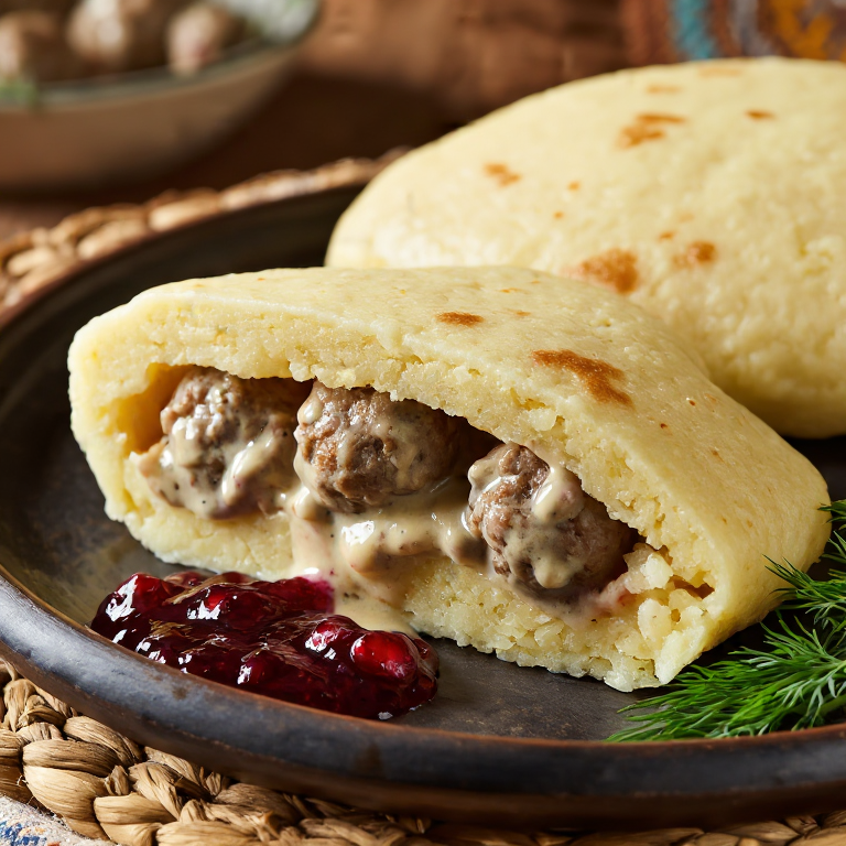 Arepa Rellena de Köttbullar con Salsa de Arándanos Rojos
