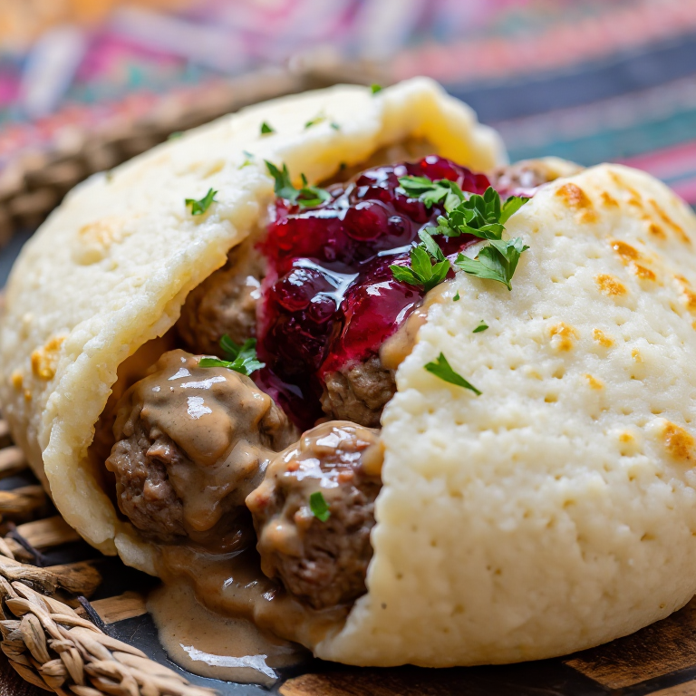 Arepa Sueca: Relleno de Albóndigas Suecas con Salsa de Arándanos Rojos