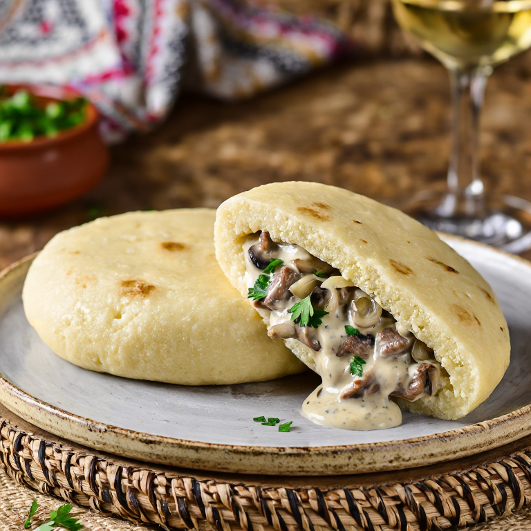 Arepa Rellena de Geschnetzeltes (Ternera en Salsa Crema)